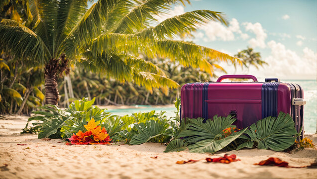 Suitcase on the sand tropics