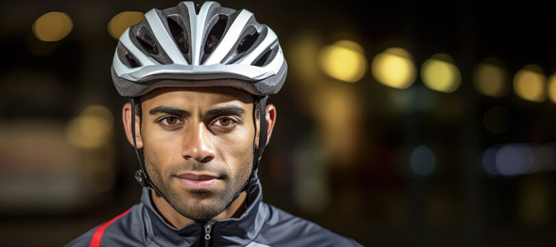Man in cycling helmet riding the bicycle in city, serious racer like expression - commuting to work concept. Generative AI