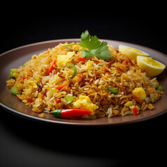 indonesia or singapore fried rice in plate, limbo background, studio color - obrazy, fototapety, plakaty