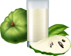 A glass of fresh chirimoya juice isolated on white background. Photo-realistic vector illustration.
