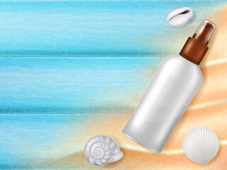 Bottle of sunscreen cream on wooden background. Vector illustration.