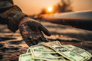 Oil pipeline and natural gas refinery. Destruction pipeline. Spilled oil at oil field. Gas extraction and crude refenery. Worker's dirty hand in oil crude on oilfield. American dollars in spilled oil - obrazy, fototapety, plakaty