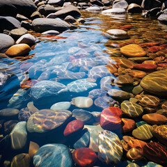 Fototapeta na wymiar Fondo natural con detalle de remanso de agua de montaña con piedras de diferentes tonos