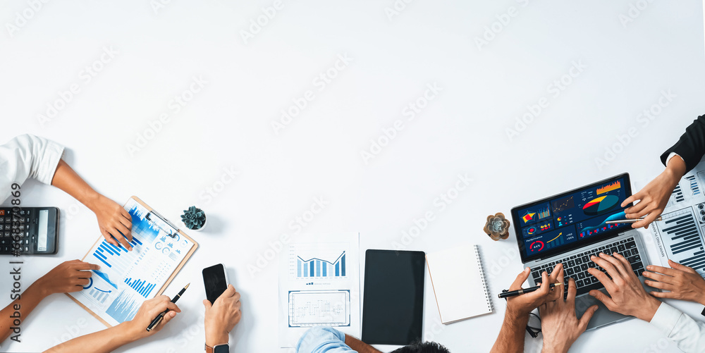 Poster group of office worker and businesspeople working on business financial data analysis. empty space w