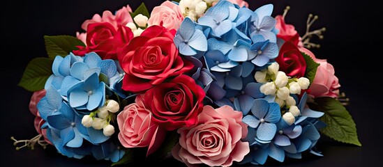 Stunning arrangement of blue hydrangeas red and cream roses Perfect for cards or invitations - Powered by Adobe
