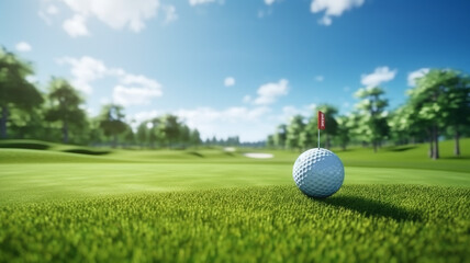 A green spacious golf course, endless green hills with holes and flags near the lake. Generative AI