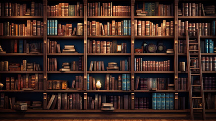 An antique library with high shelving units. Generative AI