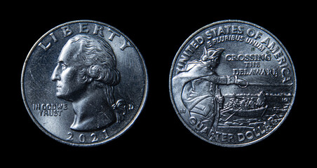 United States quarter dollar coin obverse and reverse, crossing the delaware