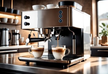 Close-Up of coffee machine making a cup of coffee in restaurant