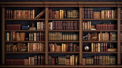 An antique library with high shelving units. Generative AI - obrazy, fototapety, plakaty