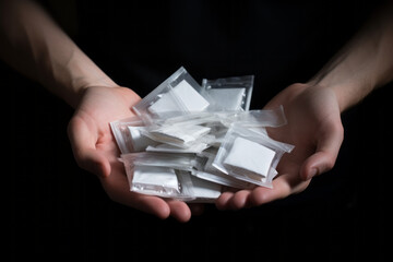 Concept drug addiction. Man hand holds plastic packet or bag with cocaine or another drugs - obrazy, fototapety, plakaty