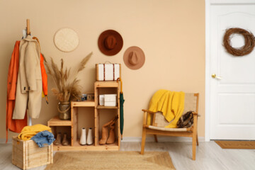 Interior of modern hallway with stylish autumn clothes, shelving unit and armchair