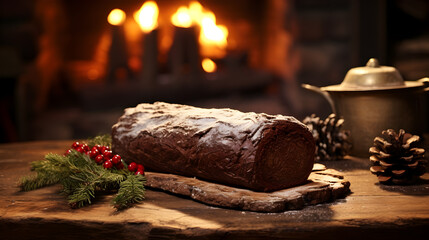 Yule log chocolate christmas cake on wooden table top of a warm cozy room, fire place in background