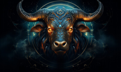 Astrological Sign of Taurus, mask of the zodiac, bull with a blue light on its horns, taurus sing in horoscope, animal panorama. - obrazy, fototapety, plakaty