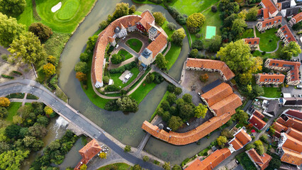 Aerial drone view water castle Wasserschloss Burgsteinfurt Steinfurt, North Rhine-Westphalia,...