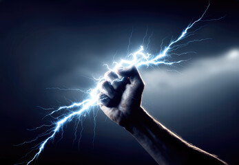 Hand holding a electricity lightning bolt. Blue glow. Closed fist. Stormy sky. Dark background. Isolated. 