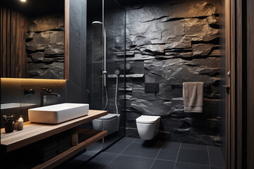 Bathroom, washroom Mockup, with Towel on fern with candles and black hot stone on wooden background. Hot stone massage setting lit by candles