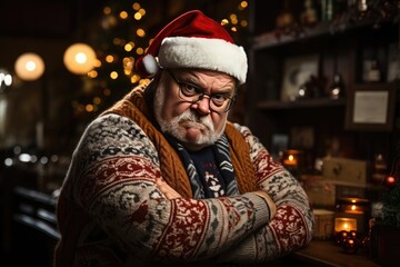 Senior fat man dressed in christmas clothes and hat. Serious face and arms crossed