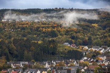autumn in the mountains, Ahrweiler at dusk with a view of the autumn forest