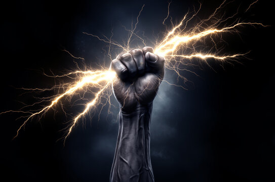Hand holding up a lightning bolt. Energy and power. Stormy background. Blue glow. Zeus, thor.  