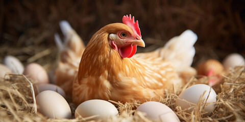 chicken sitting next to eggs, generative ai