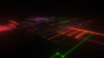 3D rendering of a digital neon mesh made of bright lines and dots