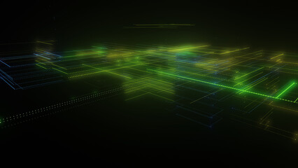 3D rendering of a digital neon mesh made of bright lines and dots