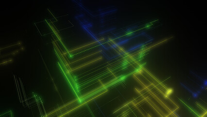 3D rendering of a digital neon mesh made of bright lines and dots