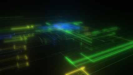 3D rendering of a digital neon mesh made of bright lines and dots
