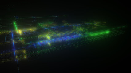 3D rendering of a digital neon mesh made of bright lines and dots