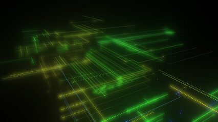 3D rendering of a digital neon mesh made of bright lines and dots