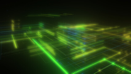3D rendering of a digital neon mesh made of bright lines and dots