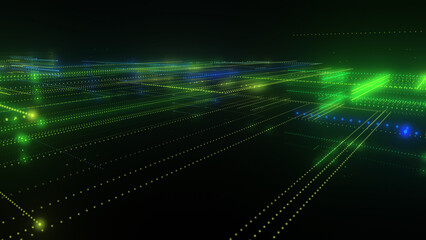 3D rendering of a digital neon mesh made of bright lines and dots