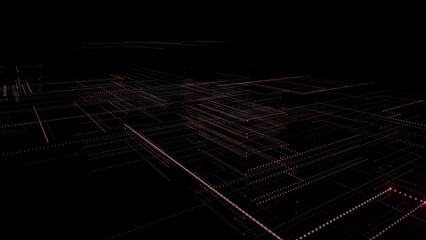 3D rendering of a digital neon mesh made of bright lines and dots