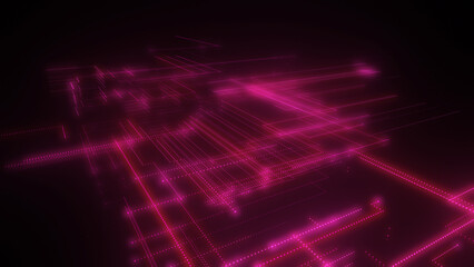 3D rendering of a digital neon mesh made of bright lines and dots