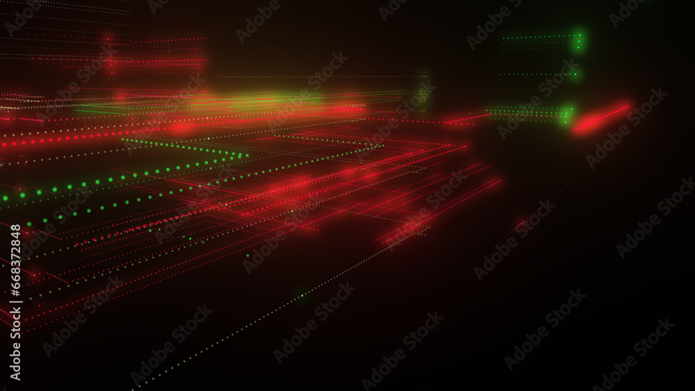 Poster 3d rendering of a digital neon mesh made of bright lines and dots