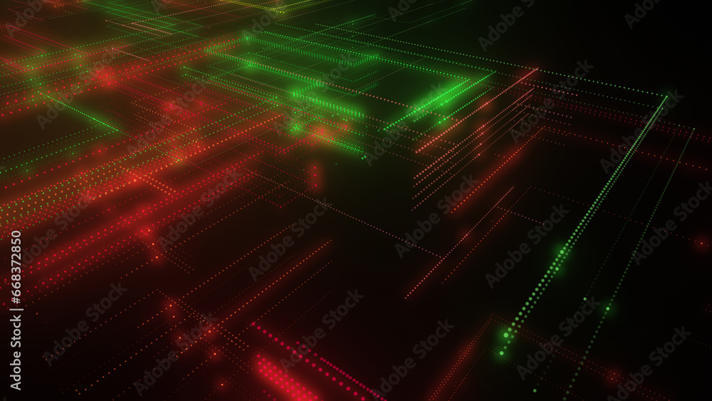 Poster 3d rendering of a digital neon mesh made of bright lines and dots
