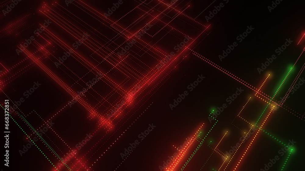 Poster 3d rendering of a digital neon mesh made of bright lines and dots