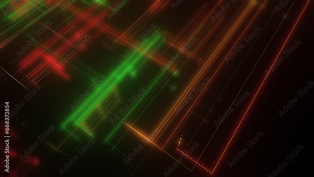 Poster 3d rendering of a digital neon mesh made of bright lines and dots