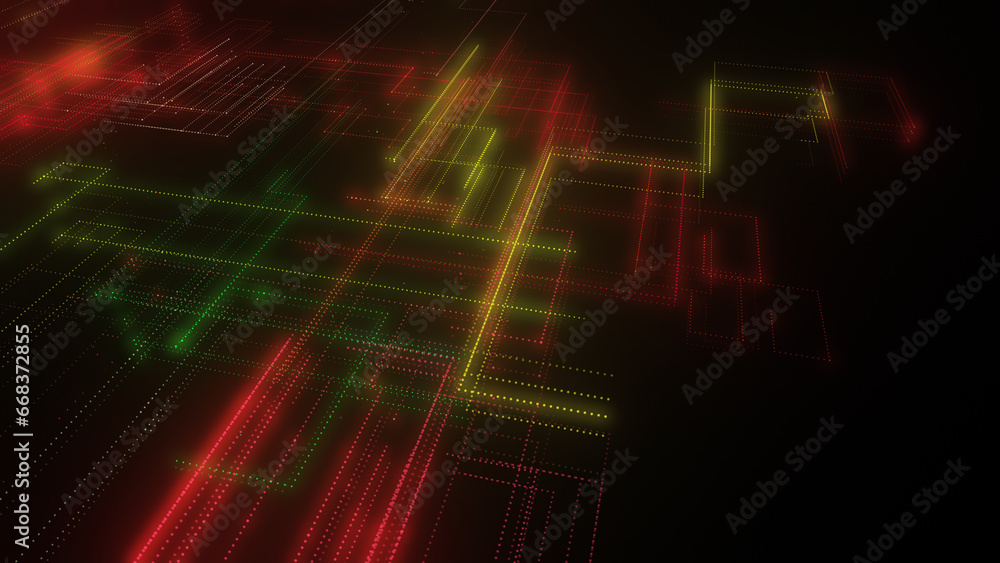 Poster 3d rendering of a digital neon mesh made of bright lines and dots