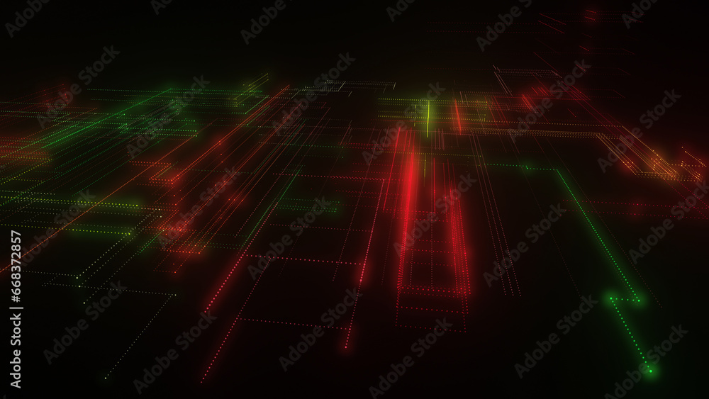 Poster 3d rendering of a digital neon mesh made of bright lines and dots