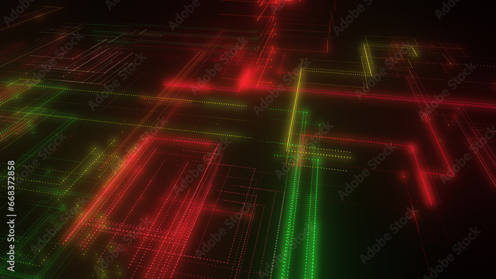 Poster 3d rendering of a digital neon mesh made of bright lines and dots