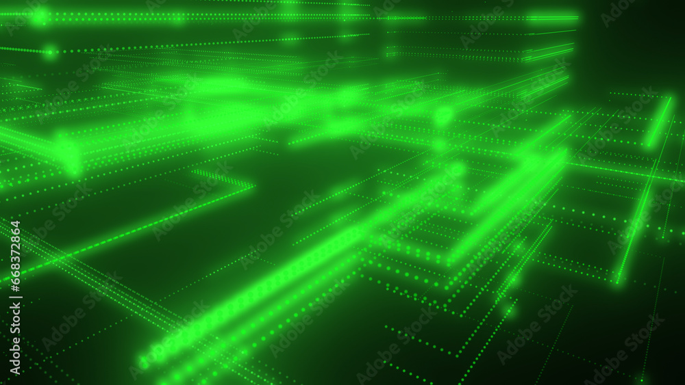 Poster 3d rendering of a digital neon mesh made of bright lines and dots