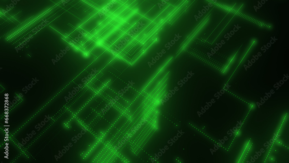Poster 3d rendering of a digital neon mesh made of bright lines and dots