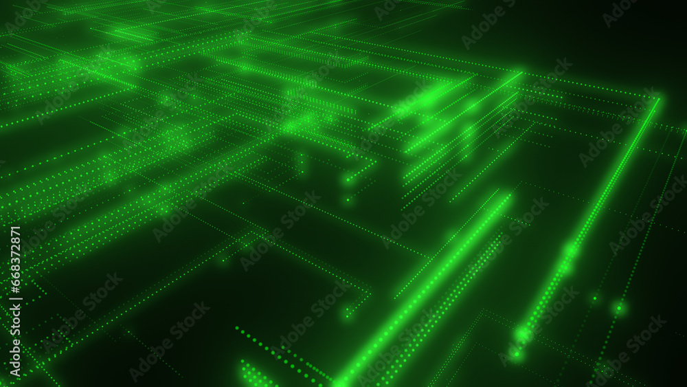 Poster 3d rendering of a digital neon mesh made of bright lines and dots
