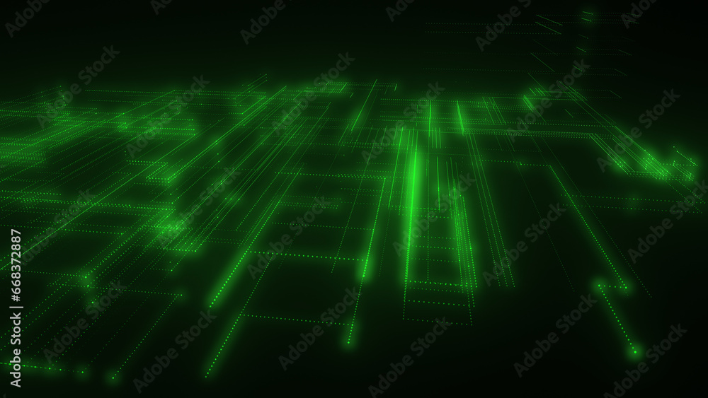 Poster 3d rendering of a digital neon mesh made of bright lines and dots