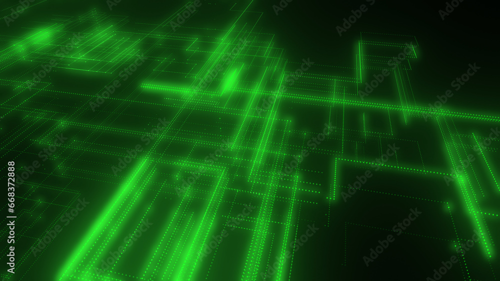 Poster 3d rendering of a digital neon mesh made of bright lines and dots