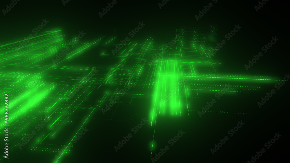 Poster 3d rendering of a digital neon mesh made of bright lines and dots