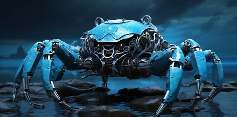 A cybernetic spider crab with rotating mechanical legs, robotic, cybersecurity, cyber threat, Malware attack