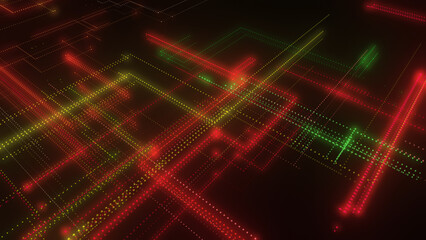 3D rendering of a digital neon mesh made of bright lines and dots